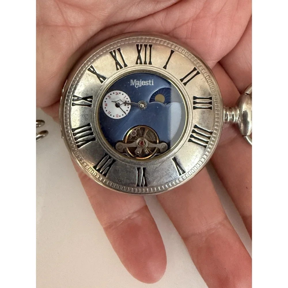2002 Majesti Pocket‎ Watch with Inscription In Back As is Chain Silver Tone Blue